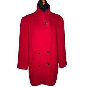 Forecaster Red Wool Double Breasted Long Pea Coat Size 16 Black Leather Buttons